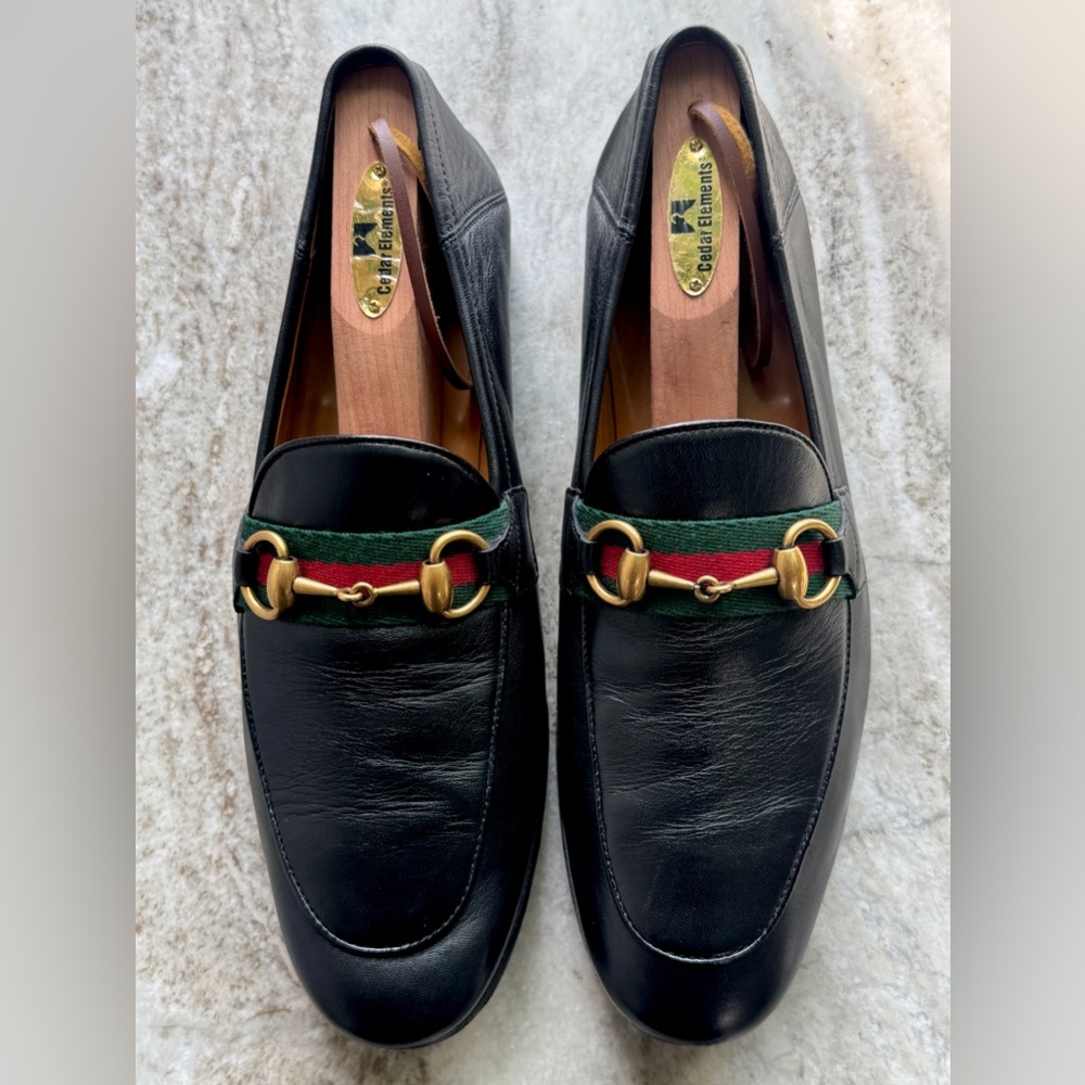 GUCCI BRIXTON Black Leather Web Horsebit Loafers US 6.5 Gucci 6 Jordaan $1050